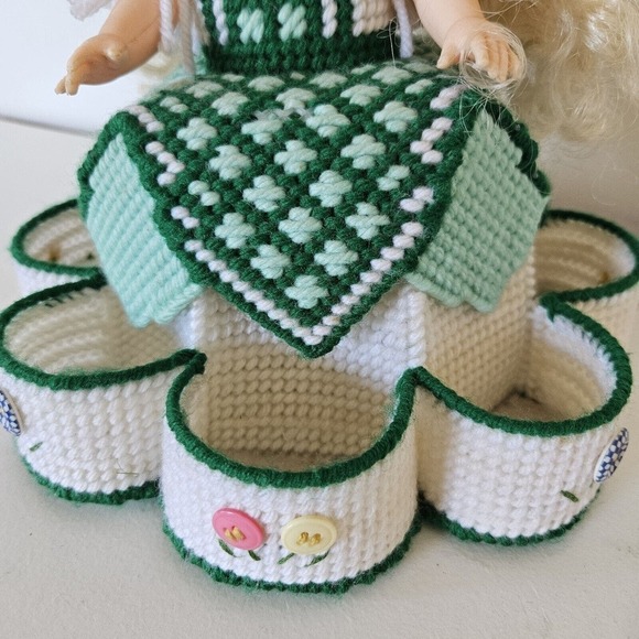 Vtg Handmade Plastic Canvas Table Top Doll Floral W/Organization Trinket Holder - Picture 3 of 13